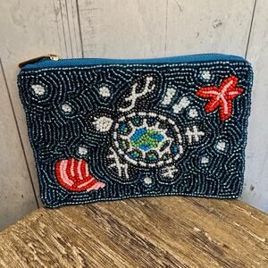 Beaded  Blue Coin Purse Wallet Turtle Turtles Gift Travel Pouch New FAST SHIP